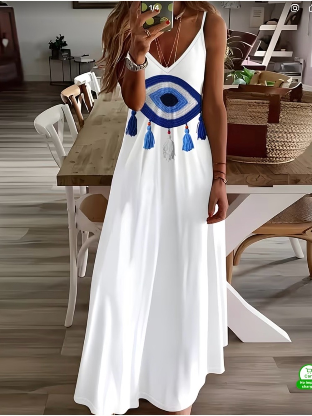White Maxi Dress with Blue Evil Eye